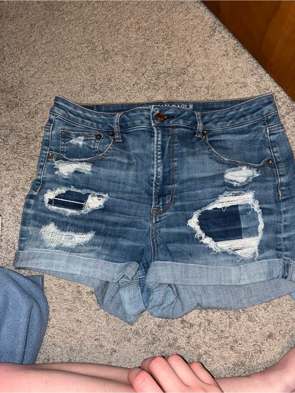 American Eagle Outfitters Distressed Rolled Hem Denim Shorts - Blue